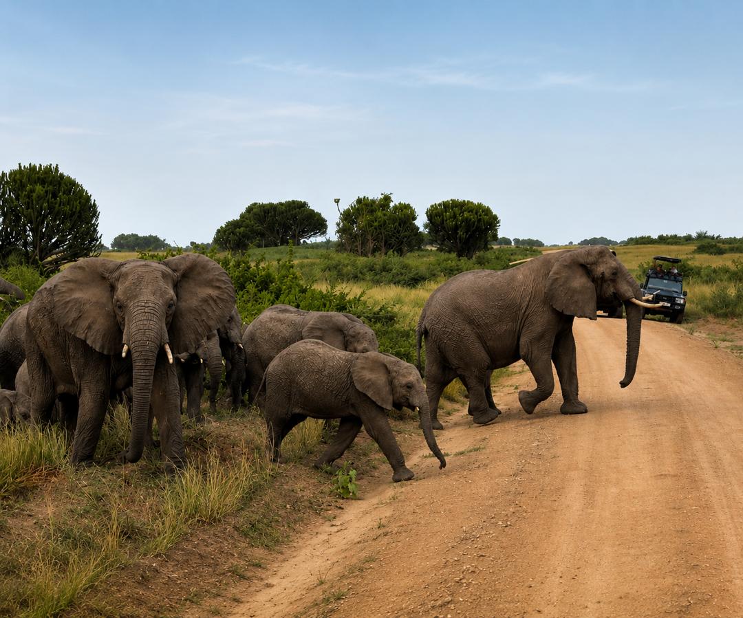 Elephants crossing a dirt track in Murchison Falls National Park, Uganda, with a safari vehicle waiting at a distance